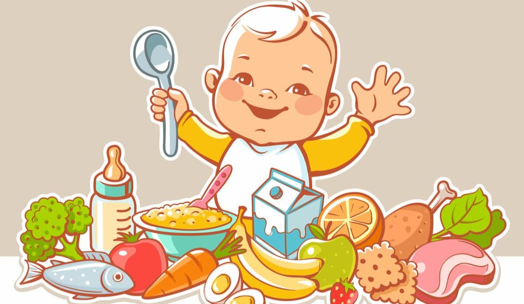 Happy smiling little boy sitting at a table with food. Vector vegetables, fruits, meat, milk, bottle, dish