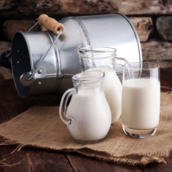 A Glass of Milk A jug of milk and glass of milk on a wooden table.