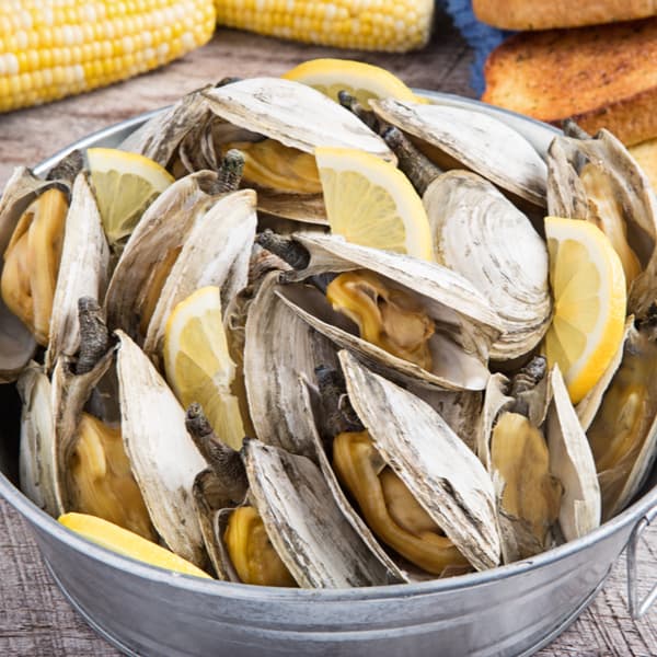 Bucket of steamed clams. A 3 ounce serving of clams can provide around 530 mg of potassium.