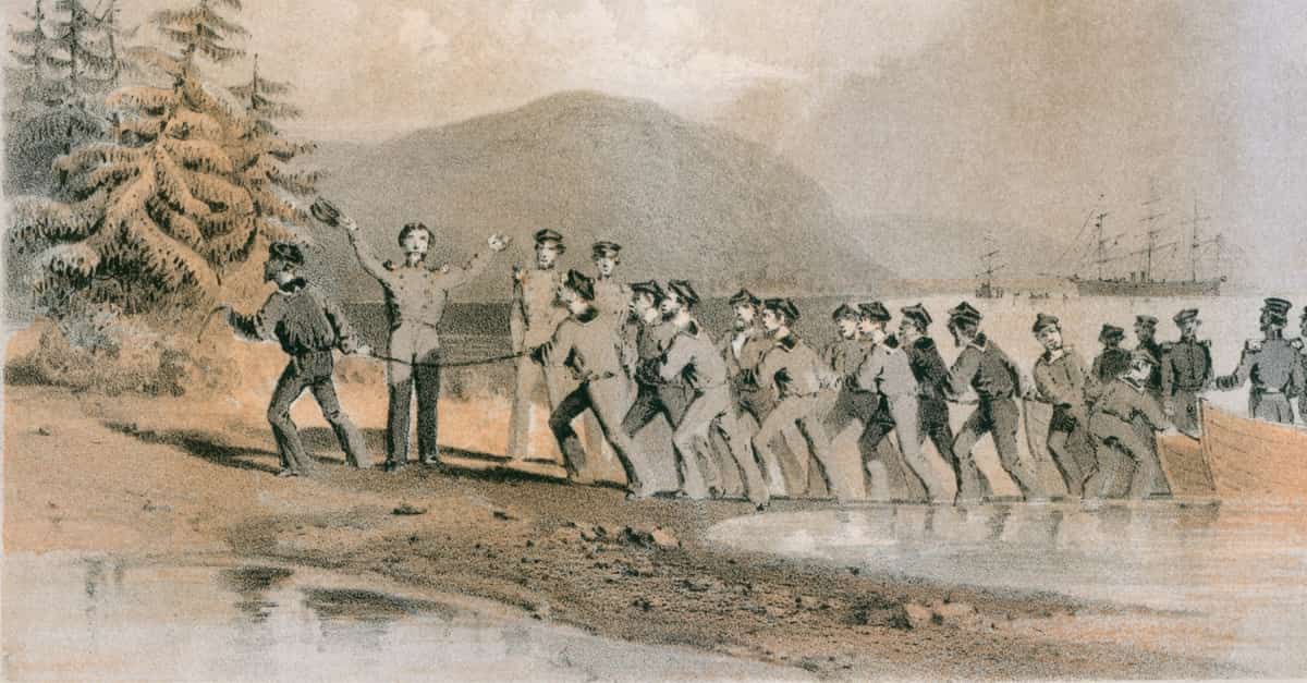 Landing of the first Atlantic telegraph cable at Trinity Bay, Newfoundland on August 4, 1858. The cable ran under the ocean to the Valentia Island, in western Ireland