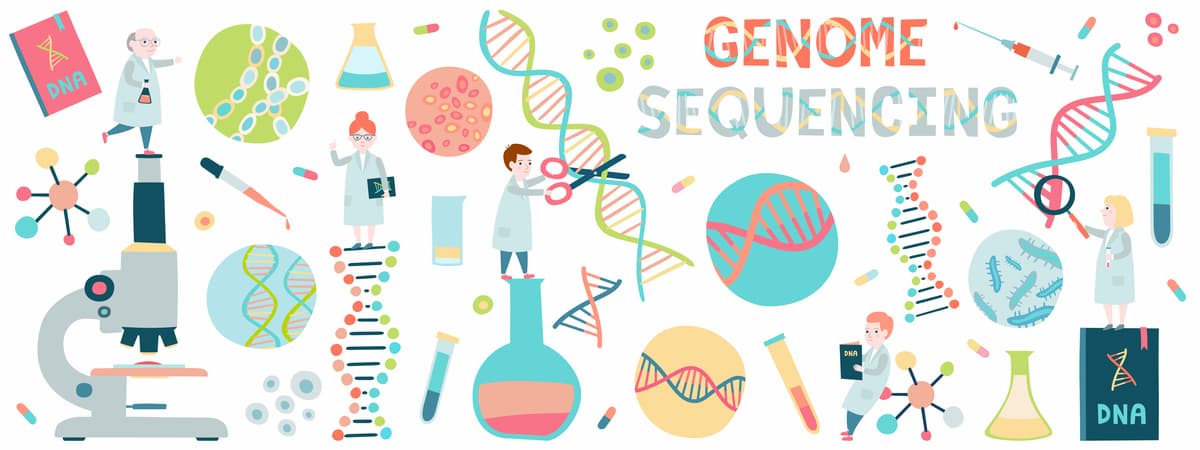 Cartoon concept of tiny scientists working at genome sequencing.