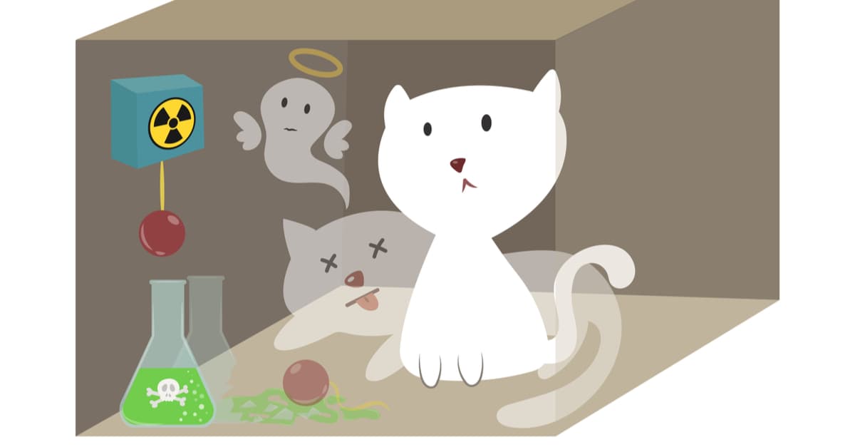 Schrödingers Cat A cat, a flask of poison, and a radioactive source in box, Schrödinger's famous thought experiment.
