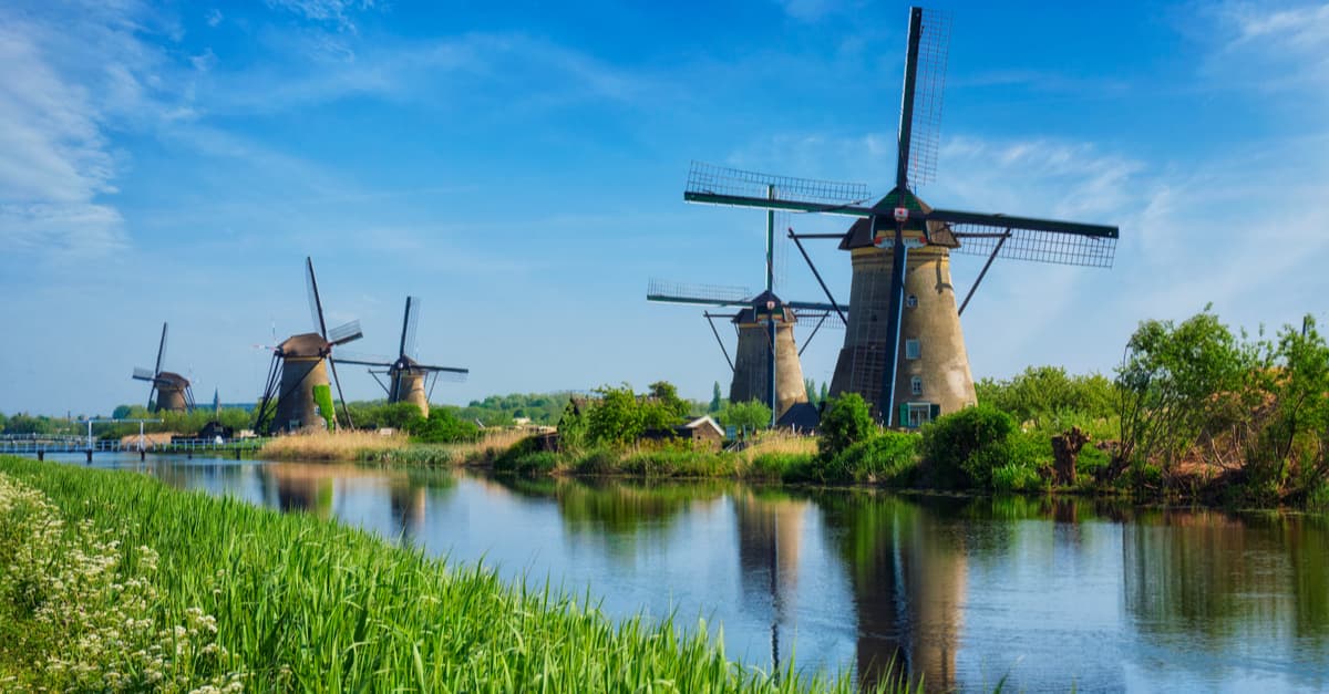 Netherlands rural lanscape with windmills which Rene Decartes fell in love with aged 22