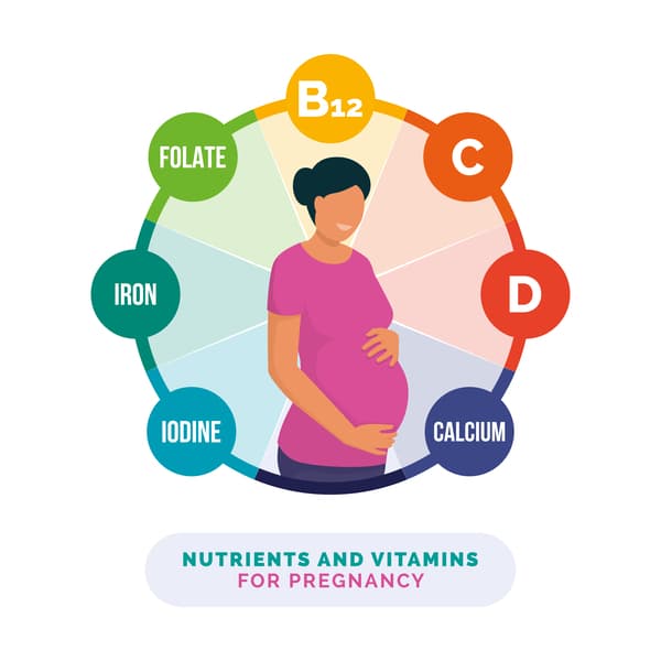 Nutrition and healthcare infographic with smiling pregnant woman holding her belly