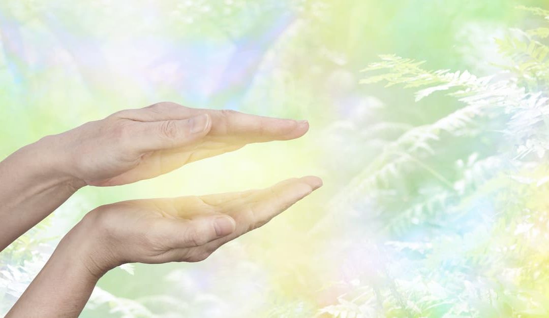 "Qi" Gong healing Energy - female hands held in parallel position with a golden glow of scalar light energy held between them, with a yellow green ethereal woodland background