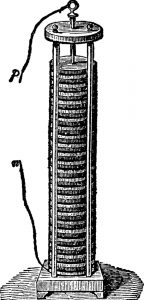 Volta Pile The Volta pile is made up of alternate disks of two dissimilar metals such as copper and zinc separated by pieces of flannel or pasteboard moistened with salt water.